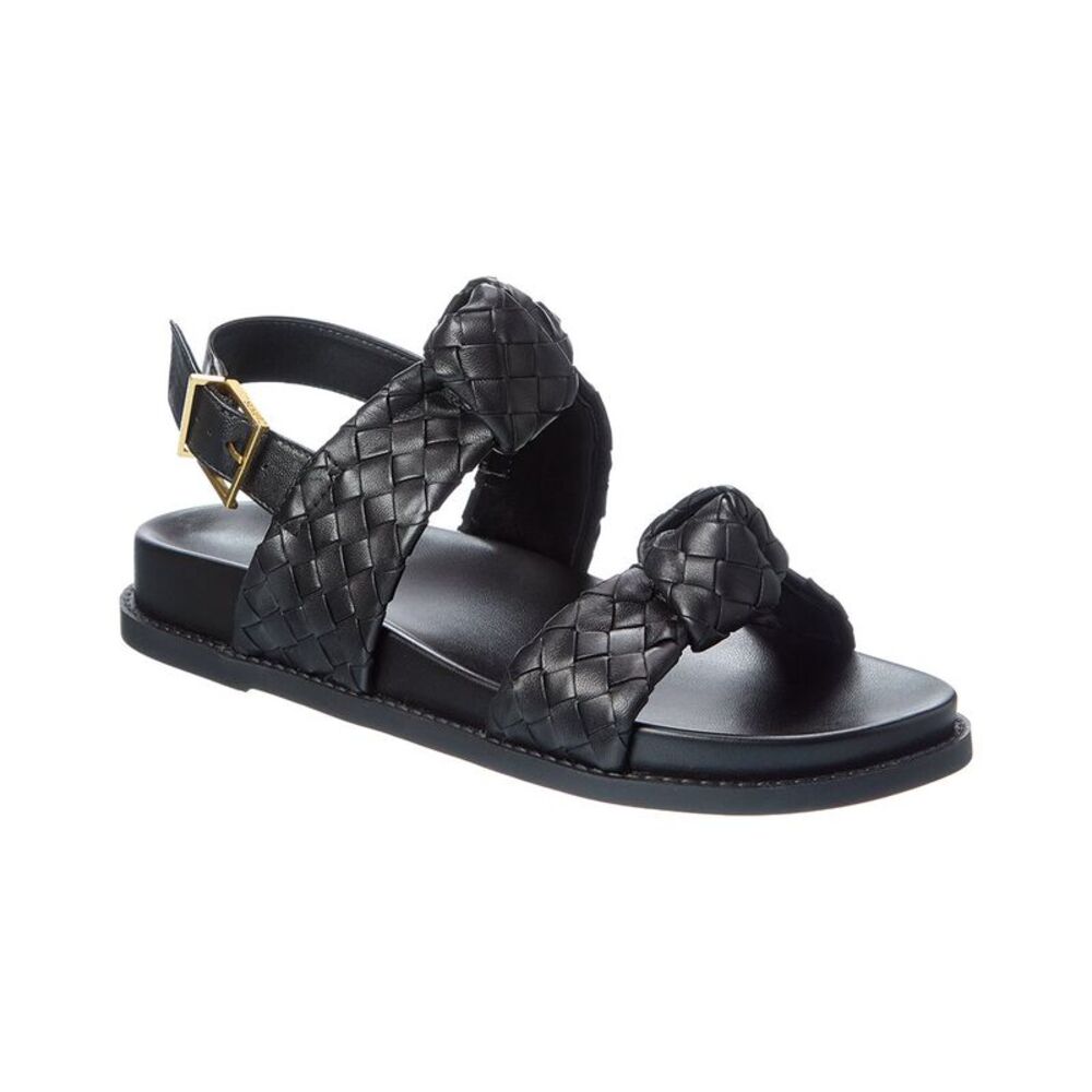 SCHUTZ Black Braided Leather Strap Sandals with Gold Buckle